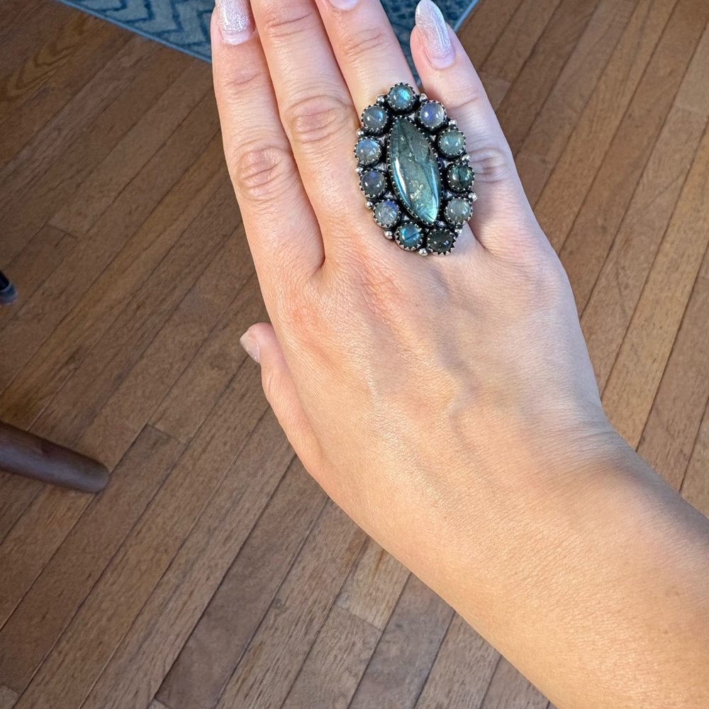 Marquise ✨ Labradorite Flower Statement Ring — 925 Silver Plated — Handmade